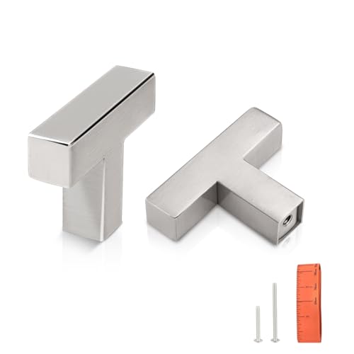 KNOBWELL 6 Pack Single Hole Cabinet Knobs, Brushed Nickel T Bar Square Vanity Knobs Dresser Drawer Pulls - color: Brushed Nickel, size: Single Hole