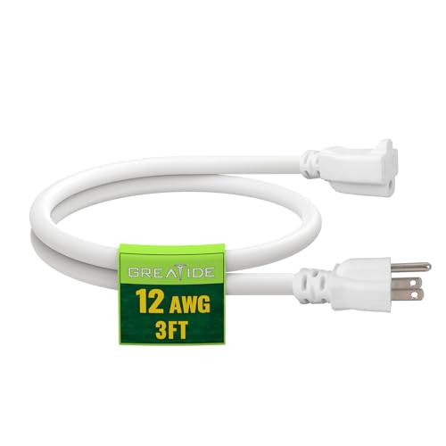 3 Ft Indoor Extension Cord - 12/3 SJTW Heavy Duty White Extension Cable with 3 Prong Grounded Plug - Power Cord for Lawn, Garden, Appliances - color: White, size: 3 FT