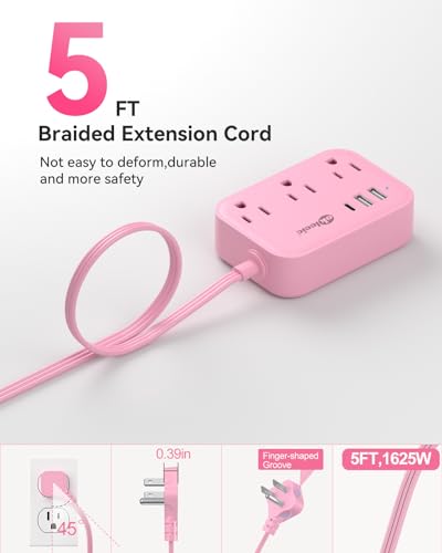 Pink Power Strip - 5Ft Extension Cord with 3 USB(1 USB C) Charging Station and 3 Outlets, Pink Desk Accessories for Cruise Travel Cute Kawaii College Dorm Desk Home Essentials - size: 5FT-Pink