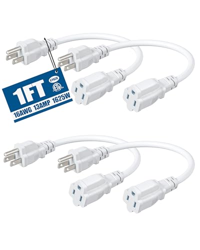 DEWENWILS Short Extension Cord, 1 Foot Power Cord, 16 AWG SJTW Weatherproof Extension Cable for Indoor Use, 3 Prong Grounded Outlets Plugs, NEMA 5-15P to NEMA 5-15R, White, UL Listed,4 Pack - color: White, size: 1 Feet
