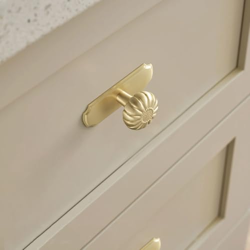Solid Brass Cabinet Knob with Backplate, Brushed Brass Pumpkin Drawer Pull for Kitchen, Bathroom Handle, 6 Pack - color: Pure Brass, size: Knob