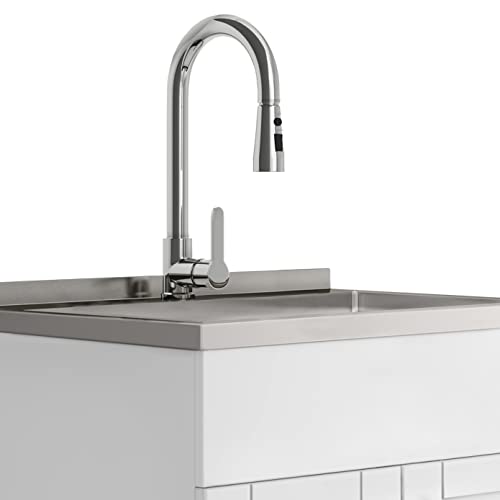 SIMPLIHOME Modern Wide Shaker All-in-One 28 inch Wide Utility Sink and Laundry Cabinet in Pure White Finish, Transitional Stainless Steel Sink Cabinet for Laundry Rooms with High-Arch Chrome Faucet - color: White, size: 28 Inch
