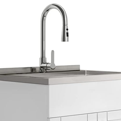 SIMPLIHOME Modern Wide Shaker All-in-One 28 inch Wide Utility Sink and Laundry Cabinet in Pure White Finish, Transitional Stainless Steel Sink Cabinet for Laundry Rooms with High-Arch Chrome Faucet - color: White, size: 28 Inch