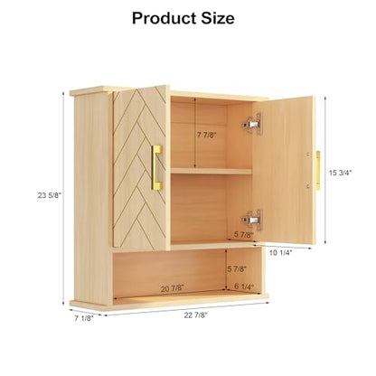 Natural Chevron Pattern Bathroom Wall Mount Cabinet, Gold Accent Hanging Medicine Cabinet with Open Shelf, Over The Toilet Storage Organizer for Home (23 5/8" x 22 7/8" x 7 1/8") - style: Chevron Pattern-Natural
