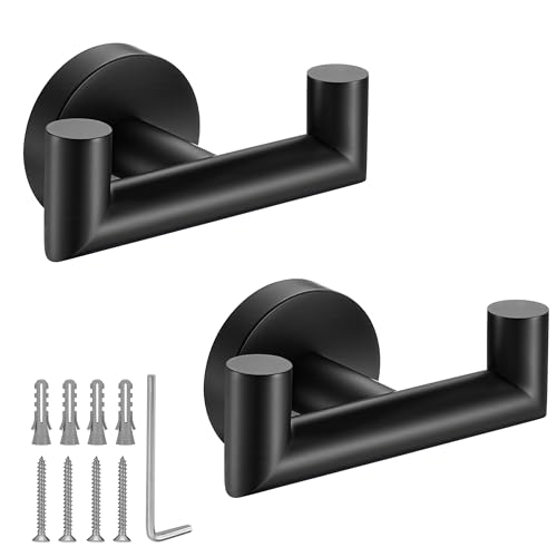 Towel Hooks for Bathrooms,Matte Black Towel Hook for Kitchen Bathroom,SUS304 Stainless Steel Coat Hook,Heavy Duty Double Towels Holder Hooks for Hanging Towels,Coats,sponges,Clothes,Wall Mount,2 Pack - color: Matte Black, size: 2 Pack