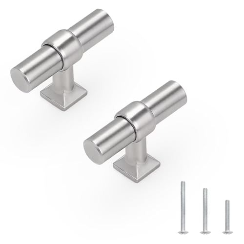 5 Pack Brushed Nickel Kitchen Cabinet Knobs Single Hole Dresser Pulls with Zinc Alloy Base Stainless Steel T Bar Drawer Knob for Bedroom Bathroom - color: Brushed Nickel, size: Single Hole-2inch Length