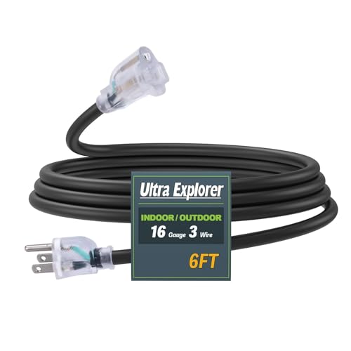 6 Ft Indoor Outdoor Black Extension Cord, 16/3 Heavy Duty Extension Cable, 3 Prong Grounded Plug with Lighted End for Appliance and Lawn, 13A, UL Listed - color: Black, size: 6', style: Lighted End