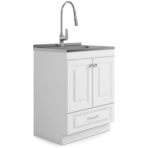 SIMPLIHOME Lawrence All-in-One 28 inch Wide Utility Sink and Laundry Cabinet in Pure White Finish, Transitional Stainless Steel Sink Cabinet for Laundry Rooms with High-Arch Brushed Nickel Faucet - size: 28 inch