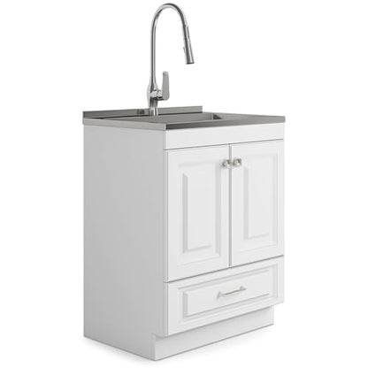 SIMPLIHOME Lawrence All-in-One 28 inch Wide Utility Sink and Laundry Cabinet in Pure White Finish, Transitional Stainless Steel Sink Cabinet for Laundry Rooms with High-Arch Brushed Nickel Faucet - size: 28 inch