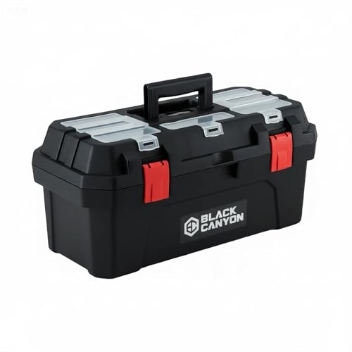 Black Canyon Tool Box - 19 Inch Plastic Dual-Layer Design, 44 lbs Load Capacity Portable Tool Box, Ergonomic Handle, Stackable & Top-Lid Storage, Perfect for DIY, Workshop & Job Site Organization - size: 19 in × 9.6 in × 8.3 in
