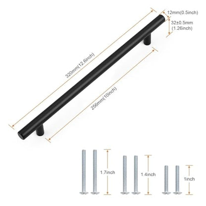 Probrico 5 Pack Hole Centers 10inch Matte Black Kitchen Cabinet Pulls, Stainless Steel Dresser Drawer Handles, 12.6inch Length Pull Handle for Cabinets and Closets - size: Center to Center: 10 inch