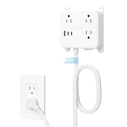 TROND Flat Plug Power Strip, 5FT Ultra Thin Flat Extension Cord with 3 AC Outlets, Wall Mount USB Plug Behind TV, Wall Outlet to Hide in Drawer, Attach Under Desk Cabinet Vanity Counter - color: White, size: 5FT