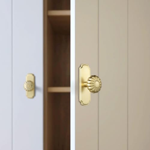 Brushed Brass Cabinet Knobs with Scalloped Backplate, Elegant Oversized Solid Zinc Alloy Drawer Knobs for Large Dresser, Heavy Duty Transitional Hardware, [Set of 6] - color: Brushed Brass, size: Oversized Knob