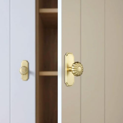 Brushed Brass Cabinet Knobs with Scalloped Backplate, Elegant Oversized Solid Zinc Alloy Drawer Knobs for Large Dresser, Heavy Duty Transitional Hardware, [Set of 6] - color: Brushed Brass, size: Oversized Knob