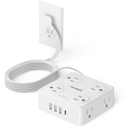 6.5Ft Power Strip with Surge Protector, 8 Outlets 4 USB Ports Extension Cord, Flat Plug Charging Station for Home Office Desk & College Dorm Essentials, White - color: White, size: 6.5 Ft