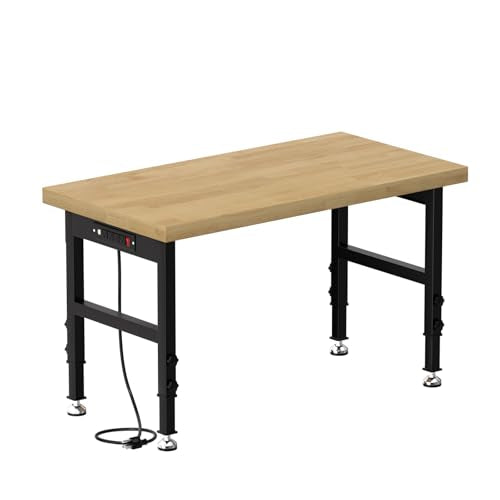 48" Heavy-Duty Solid Work Bench with Power Outlets, Adjustable Height Workbench with Rubber Pad, 2000 LBS Capacity Work Table for Garage, Workshop, Office, Home - size: 48“ x 20"-Solid Wood
