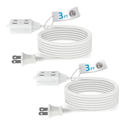 TiFFCOFiO Indoor Extension Cord, 2 Prong 3 Feet Extension Cord, 3 Polarized Outlets with Safety Slide Windows,13A/1625W, 16 AWG, 2 Packs - size: 3FT 2 Packs