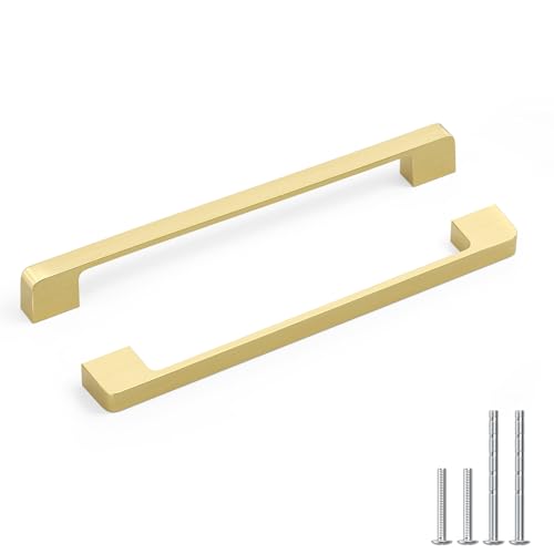 Rergy Cabinet Pulls Kitchen Handles for Cabinets, 10Pack Gold 8-4/5inch Hole Center, Square Drawer Hardware Zinc Alloy Dresser Handle for Cupboard - color: Brushed Gold, size: 8.8"/224mm Hole Center