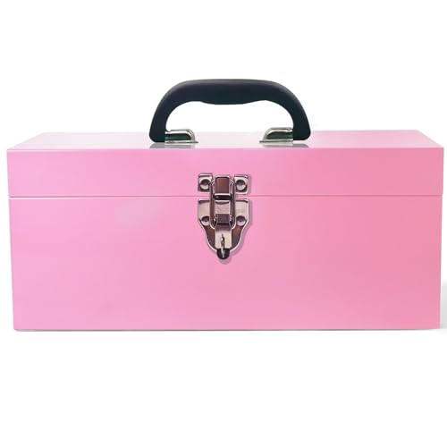 16" Pink Tool Box 18-Gauge Pink Tackle Box Portable Metal Toolbox Large Tool Box Drawer Organizer With Metal Latch and Handle - color: Pink