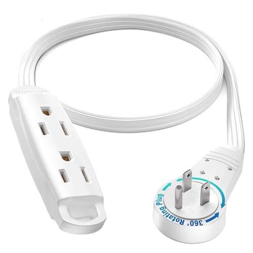 Maximm 360 Degree Rotating Flat Extension Cord 1 Ft Multi 3 Outlet Power Cord Grounded 16 AWG UL Certified, White - color: White, size: 1 Foot