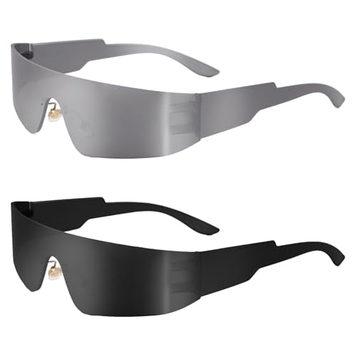 2 Pcs Futuristic Wrap Around Sunglasses Y2K Fashion Trendy Rimless Glasses Punk Eyewear for Women Men - color: Black+silver