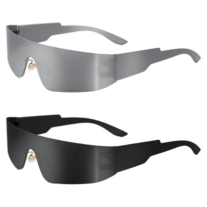 2 Pcs Futuristic Wrap Around Sunglasses Y2K Fashion Trendy Rimless Glasses Punk Eyewear for Women Men - color: Black+silver
