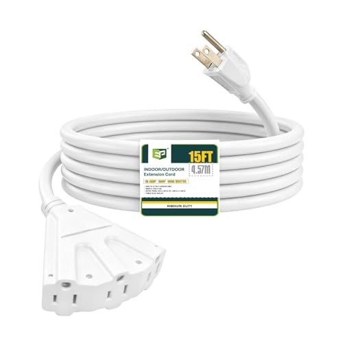 EP 15 Ft Outdoor Extension Cord with 3 Electrical Power Outlets - 16/3 SJTW White Cable with 3 Prong Grounded Plug for Safety Great for Christmas Lights, Garden and Major Appliances - color: White, size: 15ft