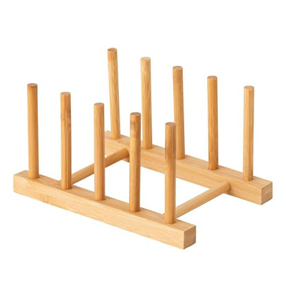 HBlife Bamboo Dish Plate Bowl Cup Book Pot Lid Cutting Board Drying Rack Stand Drainer Storage Holder Organizer Kitchen Cabinet（Keep Dry） - color: Bamboo 4 Slots 1pcs