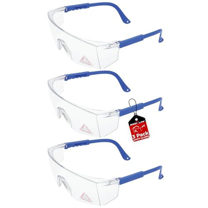 BISON LIFE Anti Fog Clear Safety Glasses with Adjustable Temple & Side Protection, Wraparound Anti-Scratch Lens, Clear Lens & Blue Temple, Lab Goggles, Mowing, Gardening & More (Pack of 3) - color: Clear/Blue