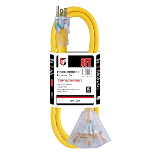 EP 6 Ft 12 Gauge Heavy Duty Extension Cord, 15A 125V 1875W, 3 Outlet Indoor/Outdoor Power Cord with Lighted End, 12/3 SJTW Weatherproof Yellow, UL Listed - color: Yellow, size: 6FT