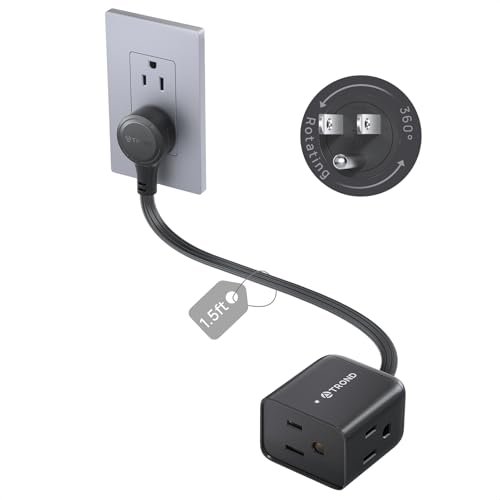 TROND 360° Rotating Flat Plug Extension Cord 1.5ft, Low Profile Small Power Strip, Three Side Grounded Outlet, 13A, Short SPT 16/3 Gauge Cable for Indoor Home Office Cruise Travel Essentials, Black - color: Black, size: 1.5 ft, style: No Surge Protection