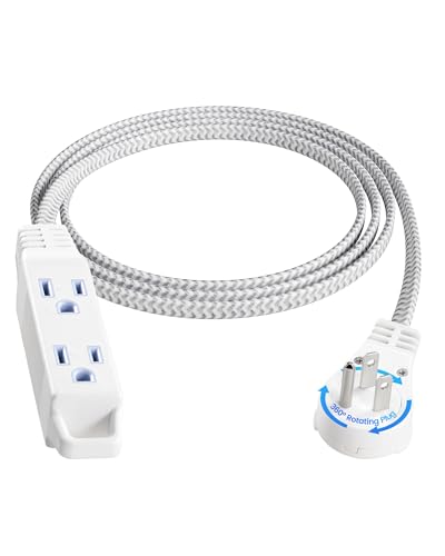 SURAIELEC 6FT Flat Extension Cord with 360° Rotating Plug, Braided Flat Plug with 3 Outlets, 16 AWG Thin White Extension Cord for Indoor Use, Home, Office, Compact Spaces, ETL Listed - color: White, size: 6FT