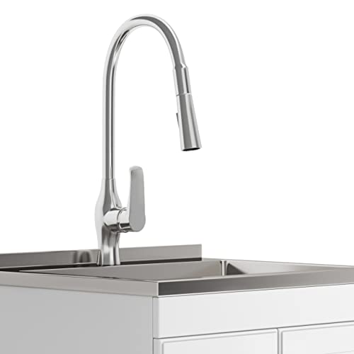 SIMPLIHOME Lawrence All-in-One 24 inch Wide Utility Sink and Laundry Cabinet in Pure White Finish, Transitional Stainless Steel Sink Cabinet for Laundry Rooms with High-Arch Brushed Nickel Faucet - size: 24 inch