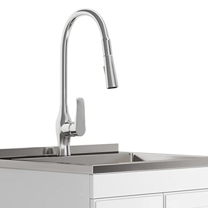 SIMPLIHOME Lawrence All-in-One 24 inch Wide Utility Sink and Laundry Cabinet in Pure White Finish, Transitional Stainless Steel Sink Cabinet for Laundry Rooms with High-Arch Brushed Nickel Faucet - size: 24 inch