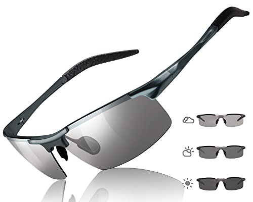 TJUTR Mens Photochromic Sunglasses Day & Night Driving Z87 Sun Glasses Polarized UV400 Protection Safety Glasses - color: A Gun Frame/Grey Photochromic Polarized Lens