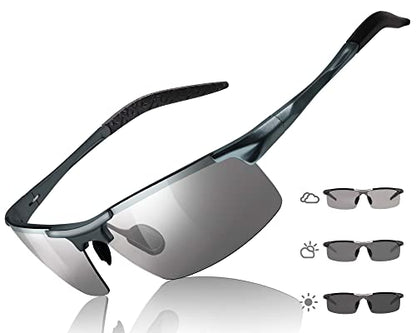TJUTR Mens Photochromic Sunglasses Day & Night Driving Z87 Sun Glasses Polarized UV400 Protection Safety Glasses - color: A Gun Frame/Grey Photochromic Polarized Lens