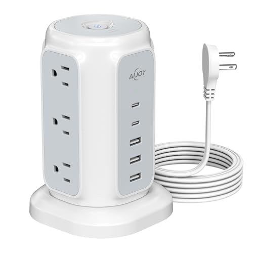 AiJoy Flat Plug Power Strip Tower 9 Outlets and 5 USB Ports (2 USB-C), 1200J Surge Protection, 6.5ft 1625W Extension Cord Charging Station for Home, Office Supplies, Dorm Essentials - color: A-White