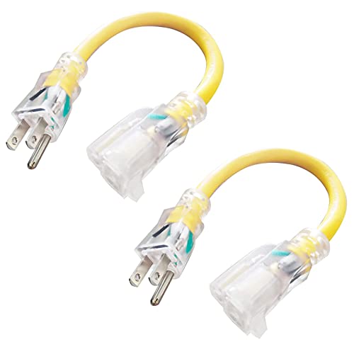 EP 2 Pack 1 ft Lighted Extension Cord - 12/3 SJTW Heavy Duty Yellow Extension Cable with 3 Prong Grounded Plug - 15AMP Power Cord for Lawn, Garden, Appliances - color: Yellow, size: 1ft-2PK