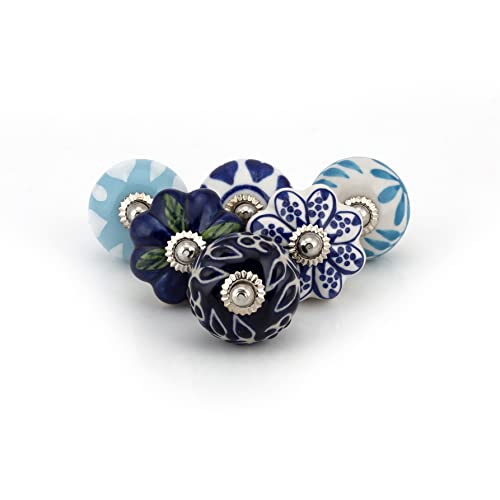 Craft Trade Ceramic Cabinet Knobs - Handmade Boho Dresser Drawer Pulls - Decorative Kitchen Door Knobs, Wardrobe, Closet, Bathroom Cabinet Handles - Artistic Kitchen Hardware - Blue, Set of 6 - color: Blue, style: 6