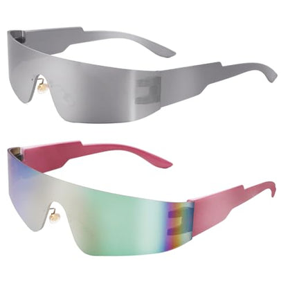 2 Pcs Futuristic Wrap Around Sunglasses Y2K Fashion Trendy Rimless Glasses Punk Eyewear for Women Men - color: Silver+pink