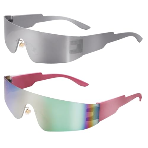 2 Pcs Futuristic Wrap Around Sunglasses Y2K Fashion Trendy Rimless Glasses Punk Eyewear for Women Men - color: Silver+pink