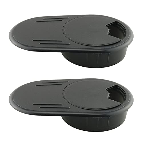 HJGarden 2PCS 60mm Oval Desk Grommets, Oval Desk Gasket with Lid, Desk Wire Cord Cable Grommets Hole Cover for Office PC Desk Cable Cord Organizer Plastic Cover, Black