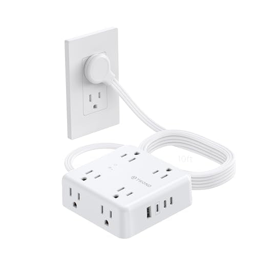 TROND Surge Protector Power Strip, 10FT Flat Plug Extension Cord with 8 Outlets & 4 USB Ports (3 USB C), 1625W, Wall Mount Outlet Extender for Home Office Dorm Room Essentials, White - color: White, size: 10FT(8 AC)