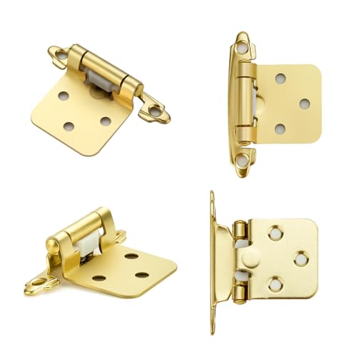 4 Pack (2 Pairs) Gold Cabinet Hinges for Kitchen Doors, Self-Closing, 1/2 Inch Overlay (Variable), Semi-Concealed Face Frame, Surface Mount Cabinet Hardware, Satin Brass - color: Gold