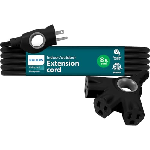 Philips EZGrip Outdoor Extension Cord with Multiple Outlets, Grounded 3 Prong Cord, Short Extension Cord Indoor with Multiple Outlets, Heavy Duty Extension Cord, 8 Ft, 16 AWG, Black, SPC3083EZ/37 - color: Black, size: 8 Ft, style: 3-Outlet