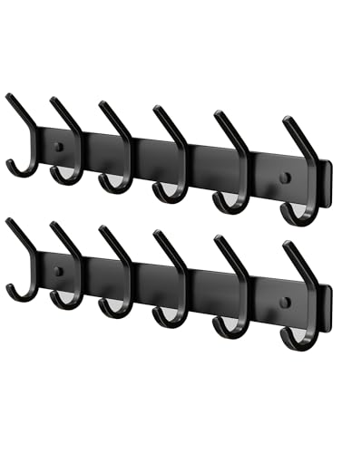 GWAAZXGZ Coat Rack Wall Mount Hooks - 15 Inch Matte Black Metal 6-Hook Organizer Wall Mounted, Modern Kids Room, Entryway & Bathroom Hanger for Beach Towels, Coats, Purses, Bags (2 Pack) - color: Black, size: 2 Pack