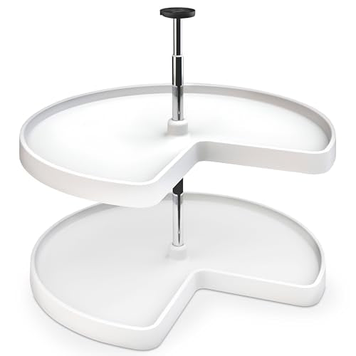 Rev-A-Shelf 2 Tier Kidney Cut Lazy Susan for Corner Base Cabinets, Plastic, 28" Double Shelf Swivel Kitchen Spice/Can Organizer, White, 3472-28-11-52 - size: 28 inch