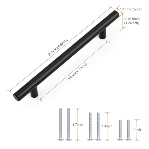 Probrico 5 Pack Hole Centers(160mm) 6.25inch Matte Black Kitchen Cabinet Handles,Stainless Steel Dresser Drawer Pulls, 8.8inch Length Pull Handle for Cabinets - size: Center to Center: 6-1/4 inch