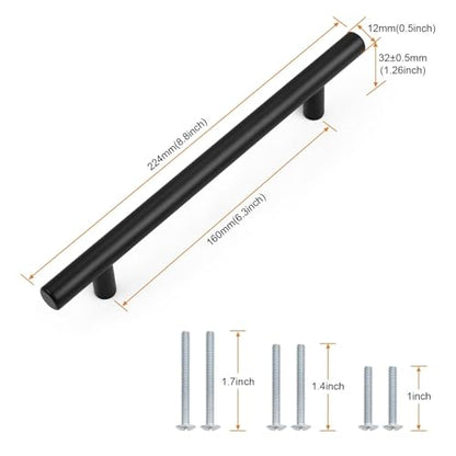 Probrico 5 Pack Hole Centers(160mm) 6.25inch Matte Black Kitchen Cabinet Handles,Stainless Steel Dresser Drawer Pulls, 8.8inch Length Pull Handle for Cabinets - size: Center to Center: 6-1/4 inch
