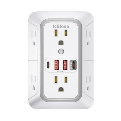 JcBlaon Surge Protector Outlet Extender 6 Outlet Extender with 4 USB Ports (PD 30W), 3 Sided 1050J Multi Plug Wall Adapter Power Strip for Home Travel Office Essentials - color: White PD30W 1PC